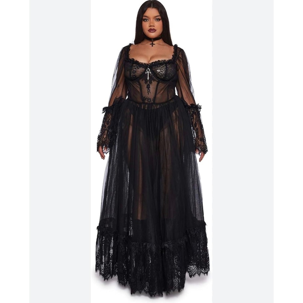 Widow Dolls Kill Maxi Dress Womens XL Black NWT Lace Sheer Goth Ankh Corset